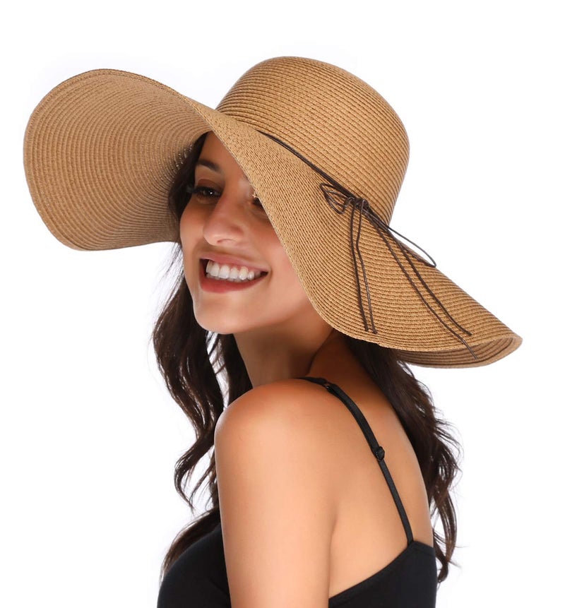 Lanzom Womens Wide Brim Straw Hat Big Floppy Foldable Roll up Cap Beach Sun Hat UPF 50+(String-Khaki) - Image 2